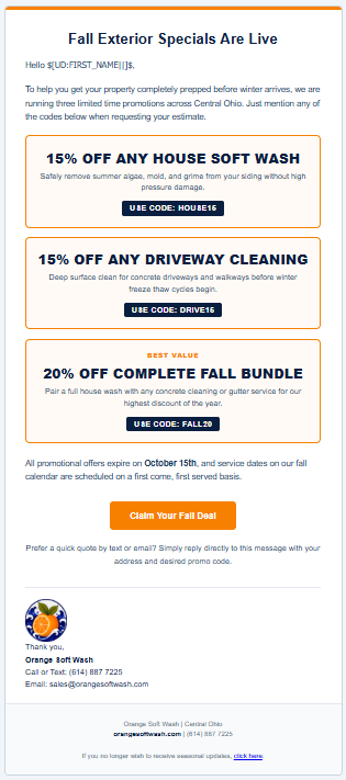 Fall Exterior Specials promotional email template with dynamic personalization tags and multi-tier promo codes