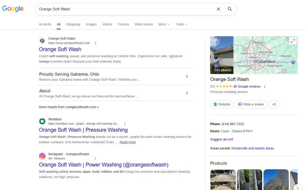 Google Search results showing Orange Soft Wash #1 organic rank, indexed sitelinks, and Google Business Profile Knowledge Panel with 5.0 star rating across 40 reviews